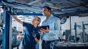 A service technician performing an inspection at a shop near Ontario, California
