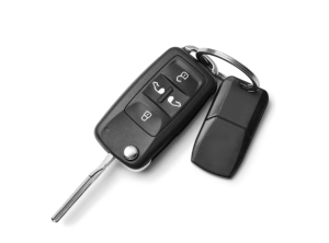 A set of car keys laid on a whiet background near Ontario, California